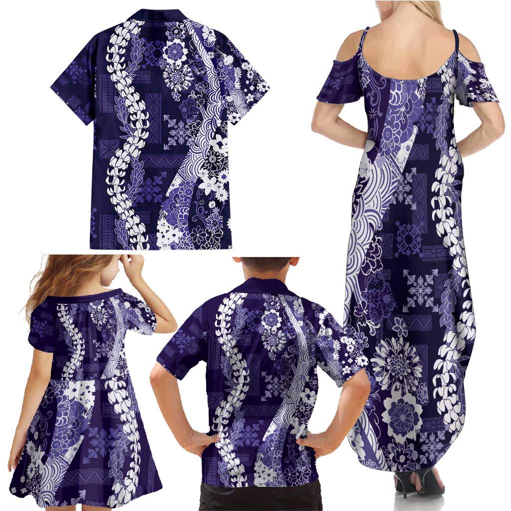 Hawaii Puakenikeni and Maile Lei Family Matching Summer Maxi Dress and Hawaiian Shirt Purple Japanese Wave Style LT9 - Polynesian Pride