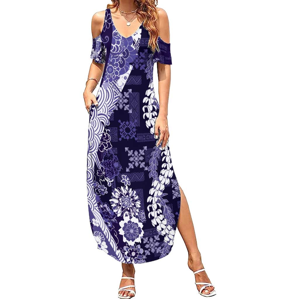 Hawaii Puakenikeni and Maile Lei Family Matching Summer Maxi Dress and Hawaiian Shirt Purple Japanese Wave Style LT9 Mom's Dress Purple - Polynesian Pride