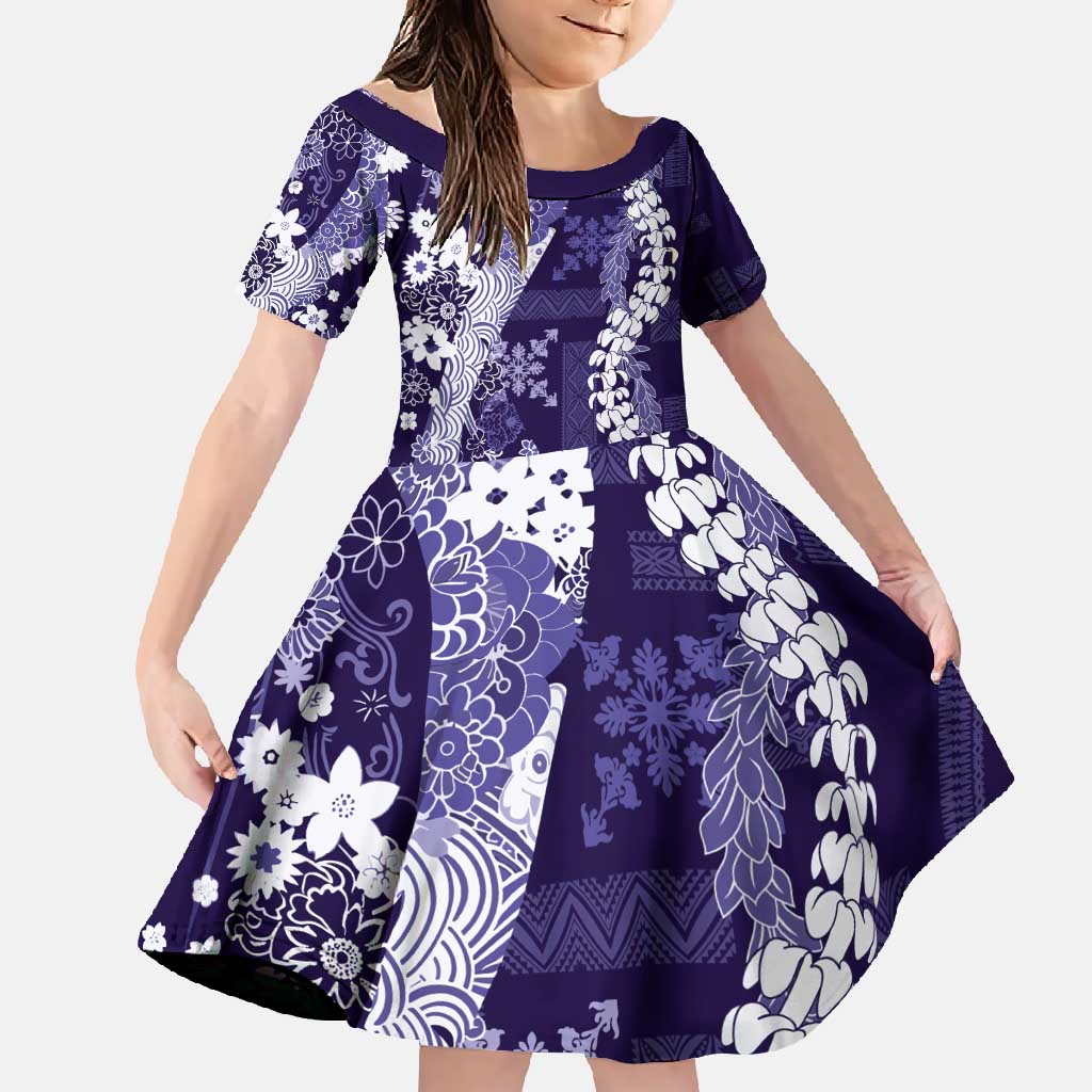 Hawaii Puakenikeni and Maile Lei Family Matching Tank Maxi Dress and Hawaiian Shirt Purple Japanese Wave Style LT9 Daughter's Dress Purple - Polynesian Pride