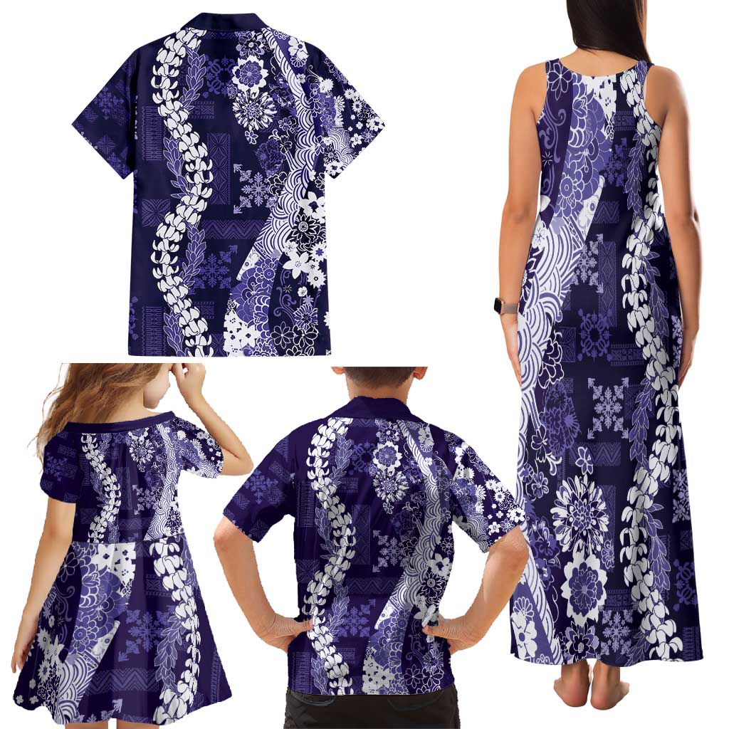 Hawaii Puakenikeni and Maile Lei Family Matching Tank Maxi Dress and Hawaiian Shirt Purple Japanese Wave Style LT9 - Polynesian Pride