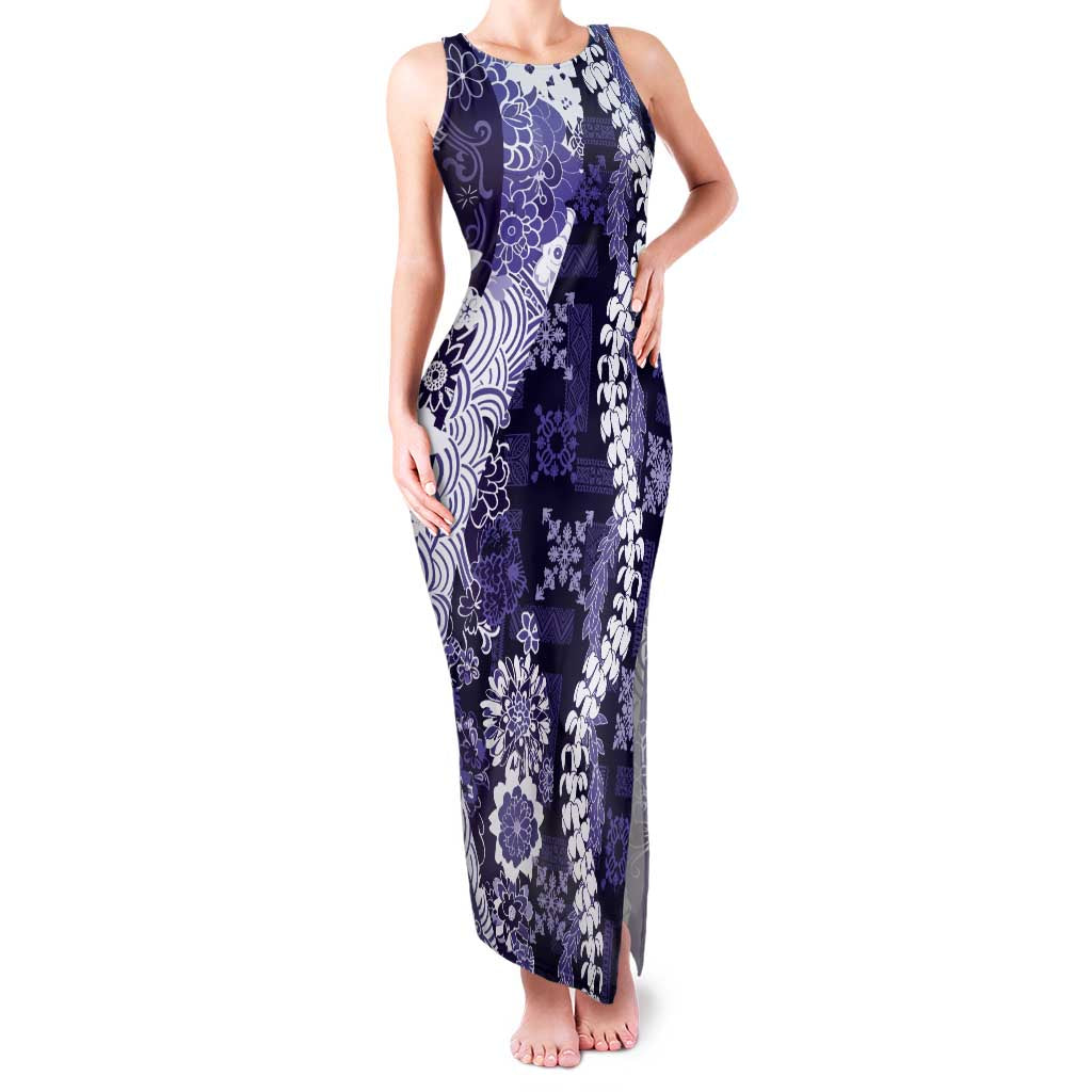 Hawaii Puakenikeni and Maile Lei Family Matching Tank Maxi Dress and Hawaiian Shirt Purple Japanese Wave Style LT9 Mom's Dress Purple - Polynesian Pride