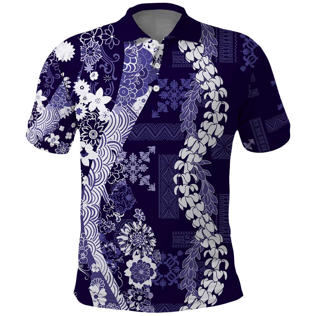 Hawaii Puakenikeni and Maile Lei Polo Shirt Purple Japanese Wave Style - Polynesian Pride