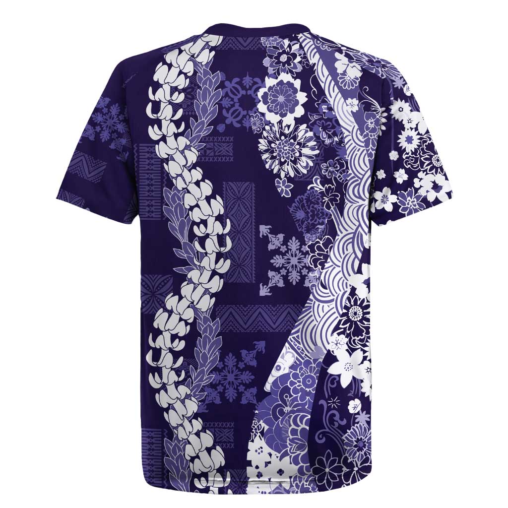 Hawaii Puakenikeni and Maile Lei Rugby Jersey Purple Japanese Wave Style - Polynesian Pride