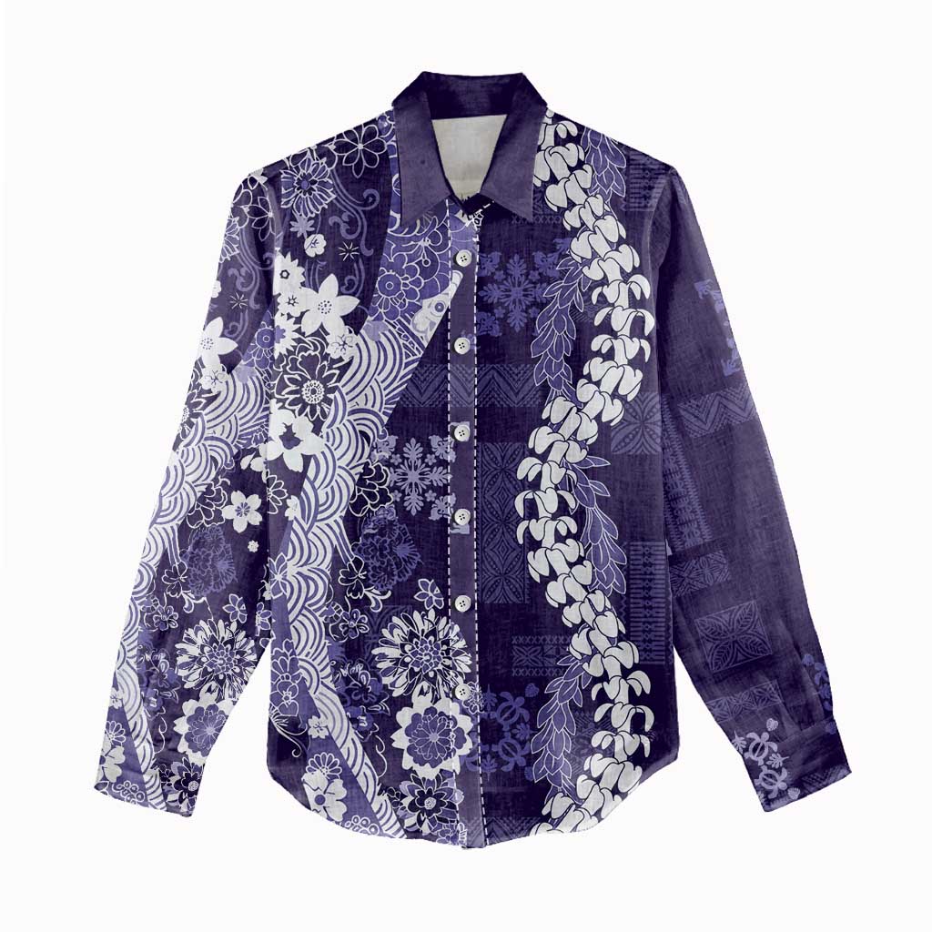 Hawaii Puakenikeni and Maile Lei Women Casual Shirt Purple Japanese Wave Style - Polynesian Pride