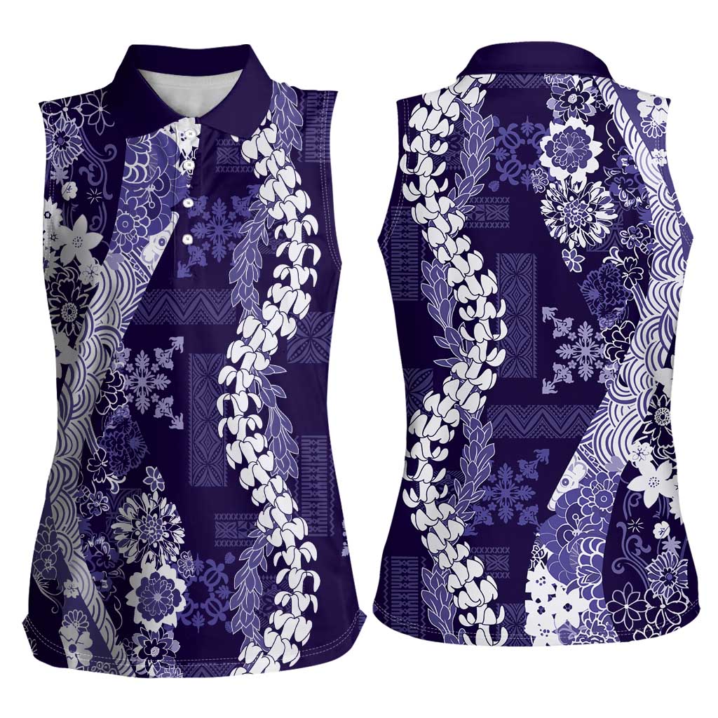 Hawaii Puakenikeni and Maile Lei Women Sleeveless Polo Shirt Purple Japanese Wave Style LT9 - Polynesian Pride