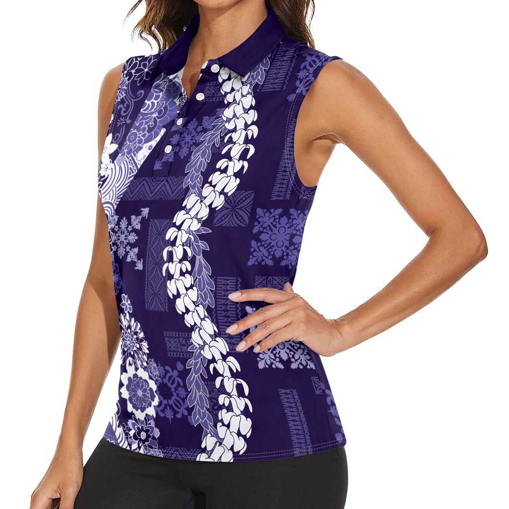 Hawaii Puakenikeni and Maile Lei Women Sleeveless Polo Shirt Purple Japanese Wave Style LT9 - Polynesian Pride