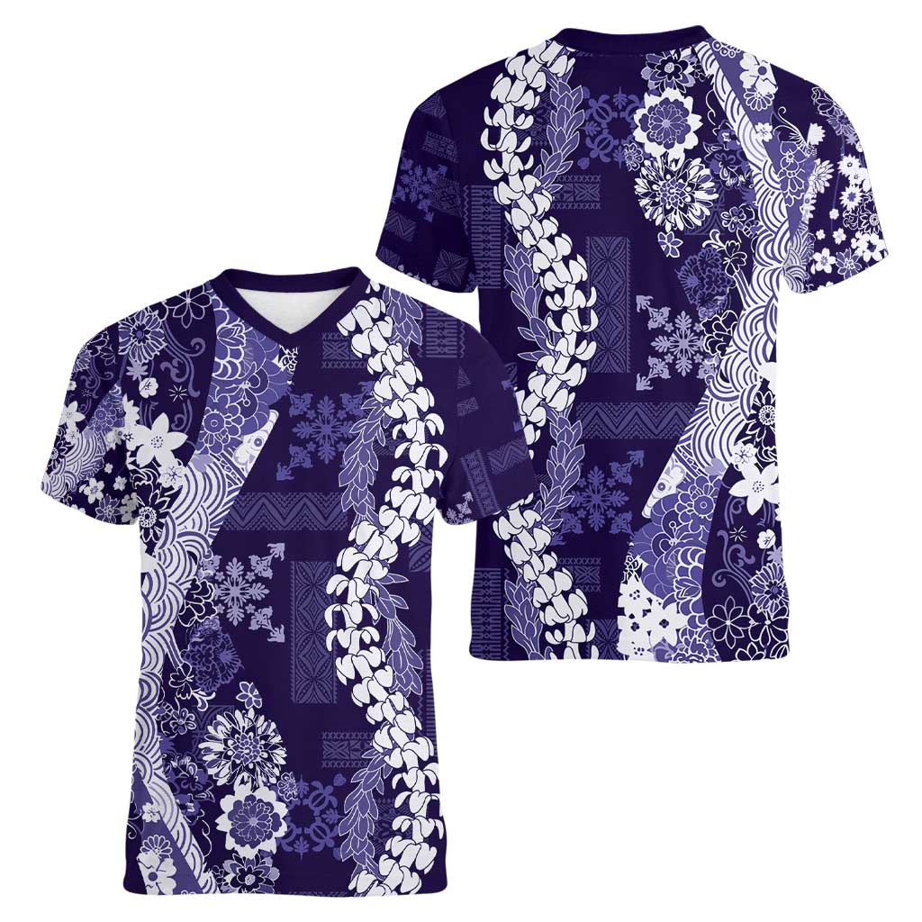 Hawaii Puakenikeni and Maile Lei Women V-Neck T-Shirt Purple Japanese Wave Style - Polynesian Pride