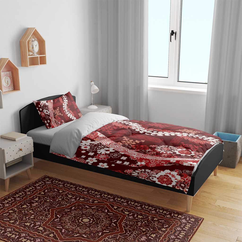 Hawaii Puakenikeni and Maile Lei Bedding Set Red Japanese Wave Style - Polynesian Pride
