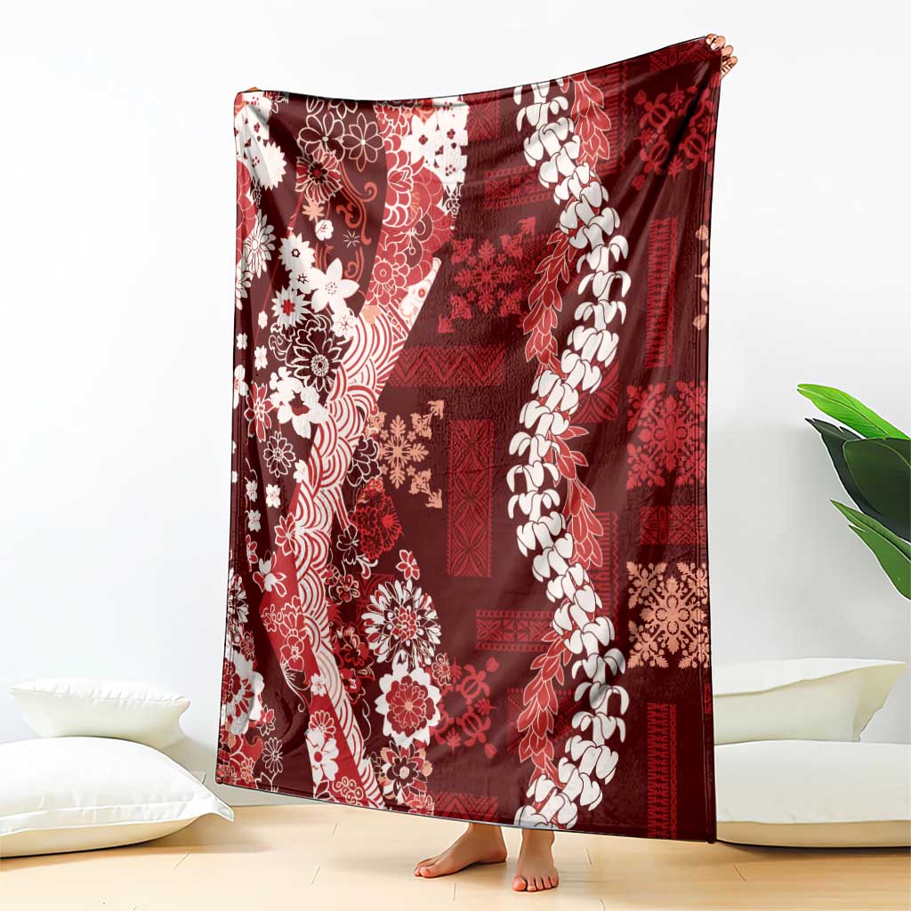 Hawaii Puakenikeni and Maile Lei Blanket Red Japanese Wave Style - Polynesian Pride