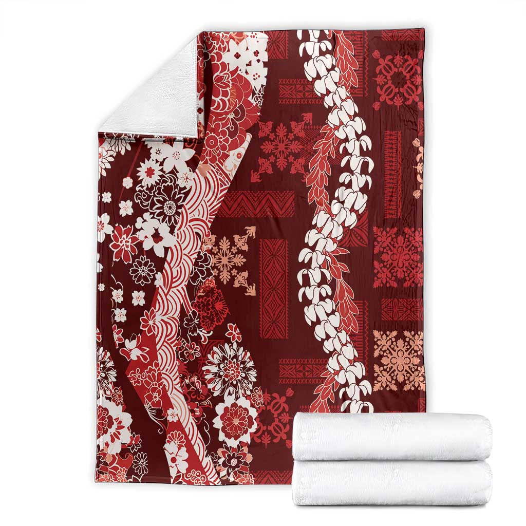 Hawaii Puakenikeni and Maile Lei Blanket Red Japanese Wave Style - Polynesian Pride