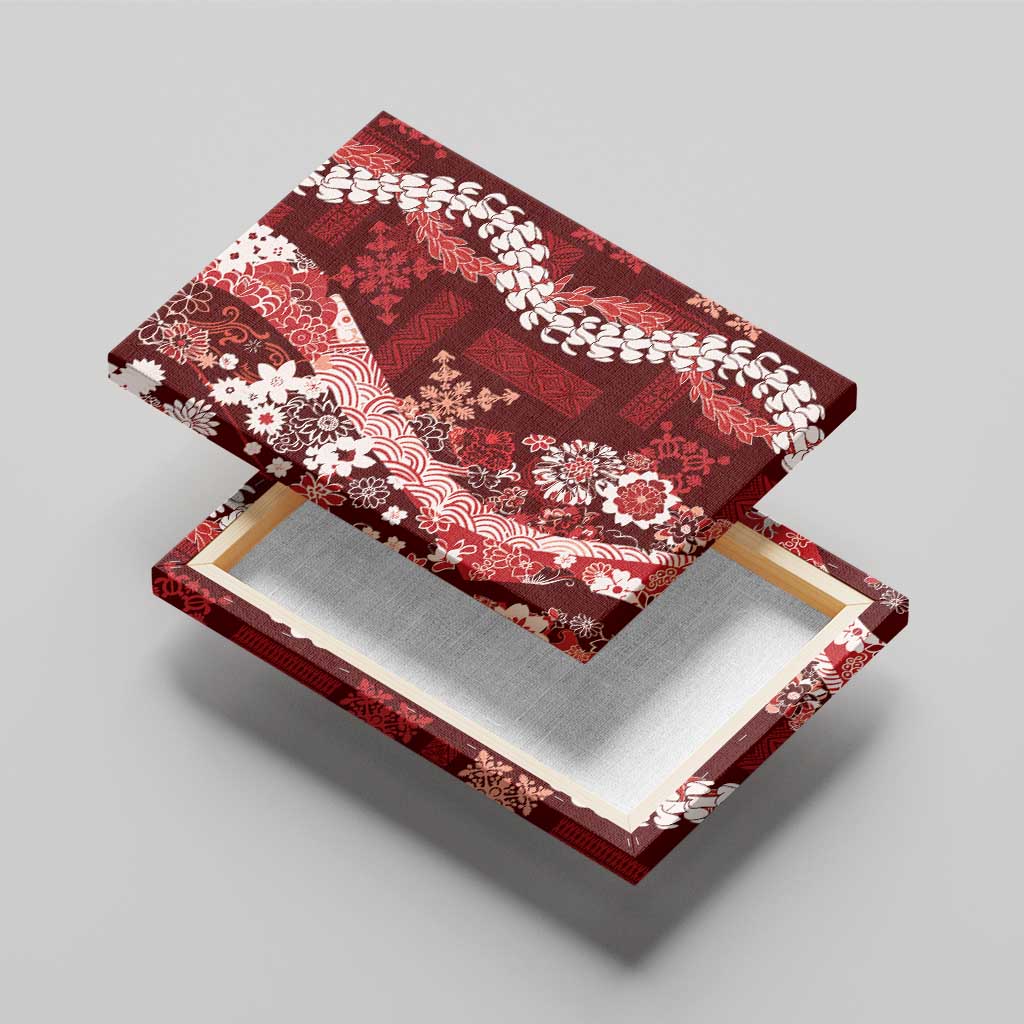 Hawaii Puakenikeni and Maile Lei Canvas Wall Art Red Japanese Wave Style - Polynesian Pride