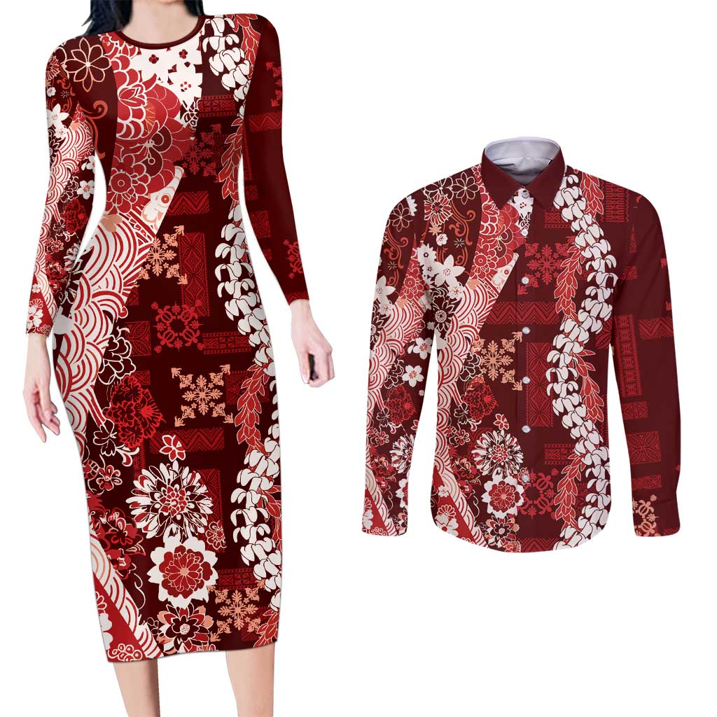 Hawaii Puakenikeni and Maile Lei Couples Matching Long Sleeve Bodycon Dress and Long Sleeve Button Shirt Red Japanese Wave Style LT9 Red - Polynesian Pride