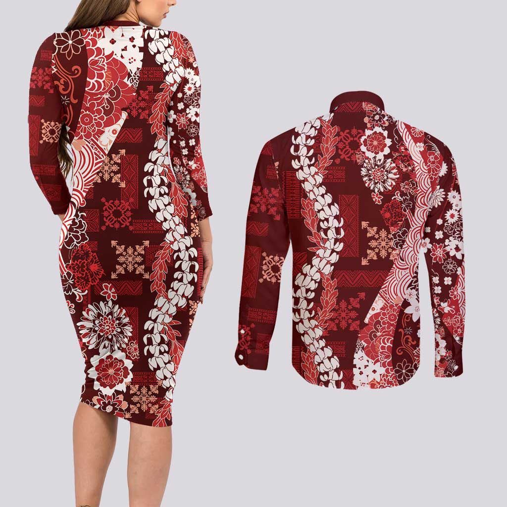 Hawaii Puakenikeni and Maile Lei Couples Matching Long Sleeve Bodycon Dress and Long Sleeve Button Shirt Red Japanese Wave Style LT9 - Polynesian Pride