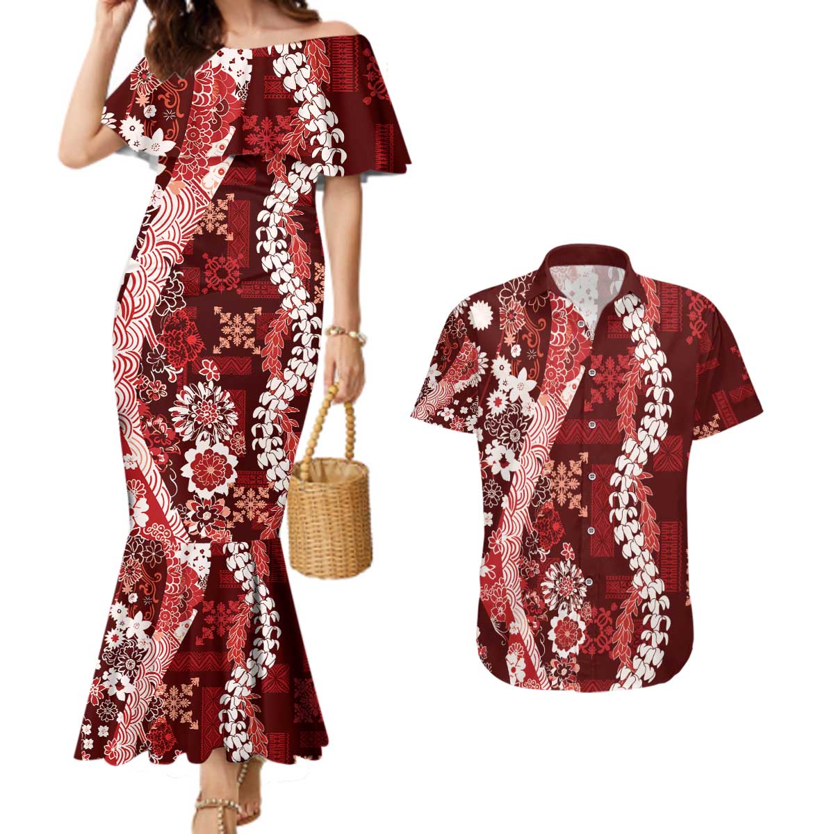 Hawaii Puakenikeni and Maile Lei Couples Matching Mermaid Dress and Hawaiian Shirt Red Japanese Wave Style LT9 Red - Polynesian Pride