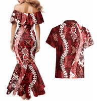 Hawaii Puakenikeni and Maile Lei Couples Matching Mermaid Dress and Hawaiian Shirt Red Japanese Wave Style LT9 - Polynesian Pride