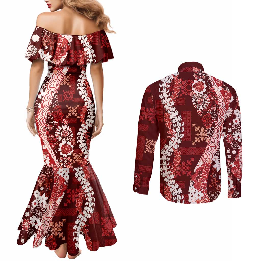 Hawaii Puakenikeni and Maile Lei Couples Matching Mermaid Dress and Long Sleeve Button Shirt Red Japanese Wave Style - Polynesian Pride
