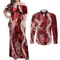 Hawaii Puakenikeni and Maile Lei Couples Matching Off Shoulder Maxi Dress and Long Sleeve Button Shirt Red Japanese Wave Style LT9 Red - Polynesian Pride