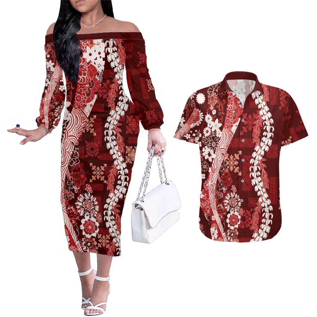 Hawaii Puakenikeni and Maile Lei Couples Matching Off The Shoulder Long Sleeve Dress and Hawaiian Shirt Red Japanese Wave Style LT9 Red - Polynesian Pride