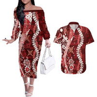 Hawaii Puakenikeni and Maile Lei Couples Matching Off The Shoulder Long Sleeve Dress and Hawaiian Shirt Red Japanese Wave Style LT9 Red - Polynesian Pride