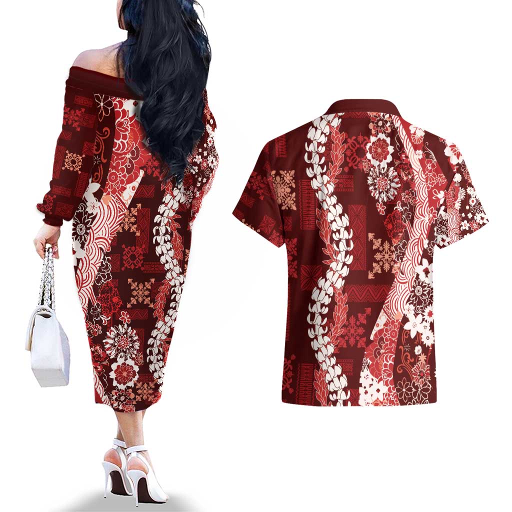 Hawaii Puakenikeni and Maile Lei Couples Matching Off The Shoulder Long Sleeve Dress and Hawaiian Shirt Red Japanese Wave Style LT9 - Polynesian Pride