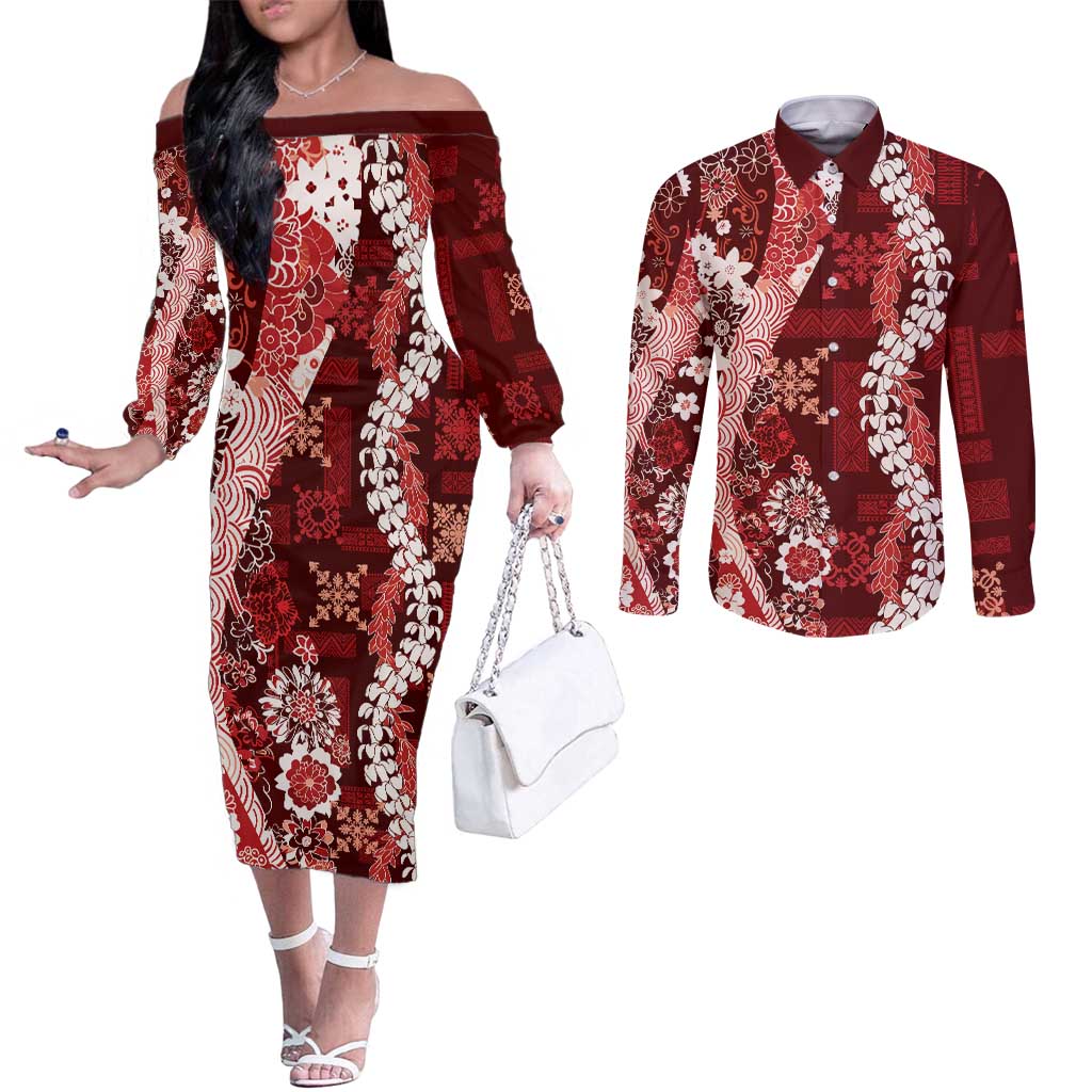 Hawaii Puakenikeni and Maile Lei Couples Matching Off The Shoulder Long Sleeve Dress and Long Sleeve Button Shirt Red Japanese Wave Style LT9 Red - Polynesian Pride