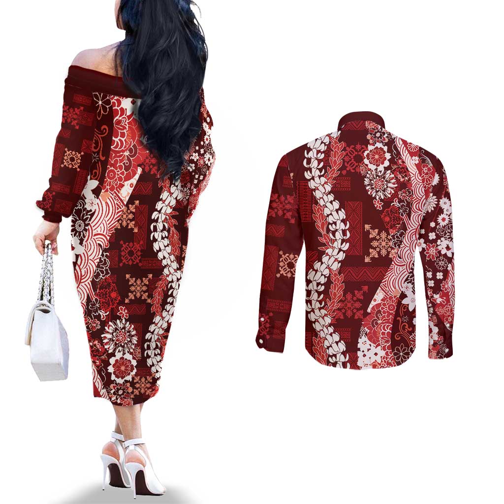 Hawaii Puakenikeni and Maile Lei Couples Matching Off The Shoulder Long Sleeve Dress and Long Sleeve Button Shirt Red Japanese Wave Style LT9 - Polynesian Pride