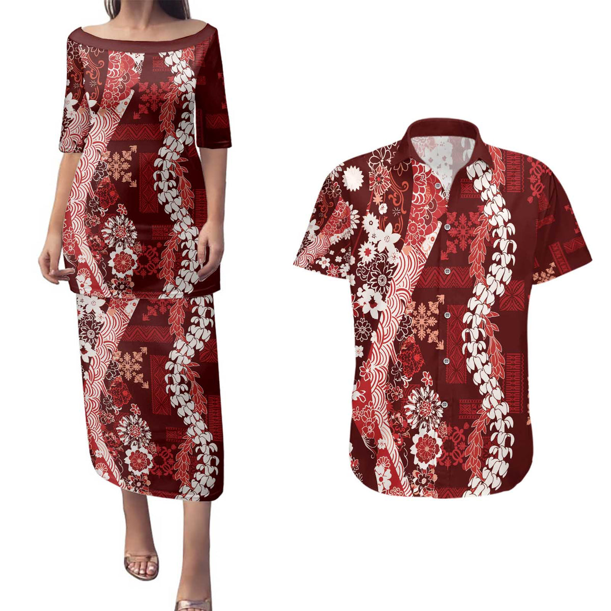 Hawaii Puakenikeni and Maile Lei Couples Matching Puletasi and Hawaiian Shirt Red Japanese Wave Style LT9 Red - Polynesian Pride