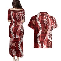 Hawaii Puakenikeni and Maile Lei Couples Matching Puletasi and Hawaiian Shirt Red Japanese Wave Style LT9 - Polynesian Pride