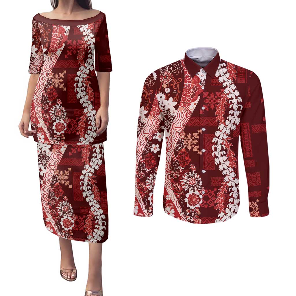 Hawaii Puakenikeni and Maile Lei Couples Matching Puletasi and Long Sleeve Button Shirt Red Japanese Wave Style - Polynesian Pride