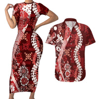Hawaii Puakenikeni and Maile Lei Couples Matching Short Sleeve Bodycon Dress and Hawaiian Shirt Red Japanese Wave Style LT9 Red - Polynesian Pride