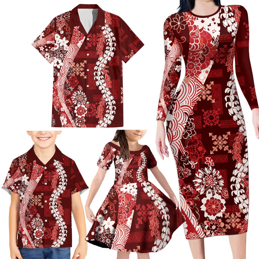 Hawaii Puakenikeni and Maile Lei Family Matching Long Sleeve Bodycon Dress and Hawaiian Shirt Red Japanese Wave Style LT9 - Polynesian Pride
