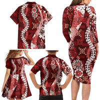 Hawaii Puakenikeni and Maile Lei Family Matching Long Sleeve Bodycon Dress and Hawaiian Shirt Red Japanese Wave Style LT9 - Polynesian Pride