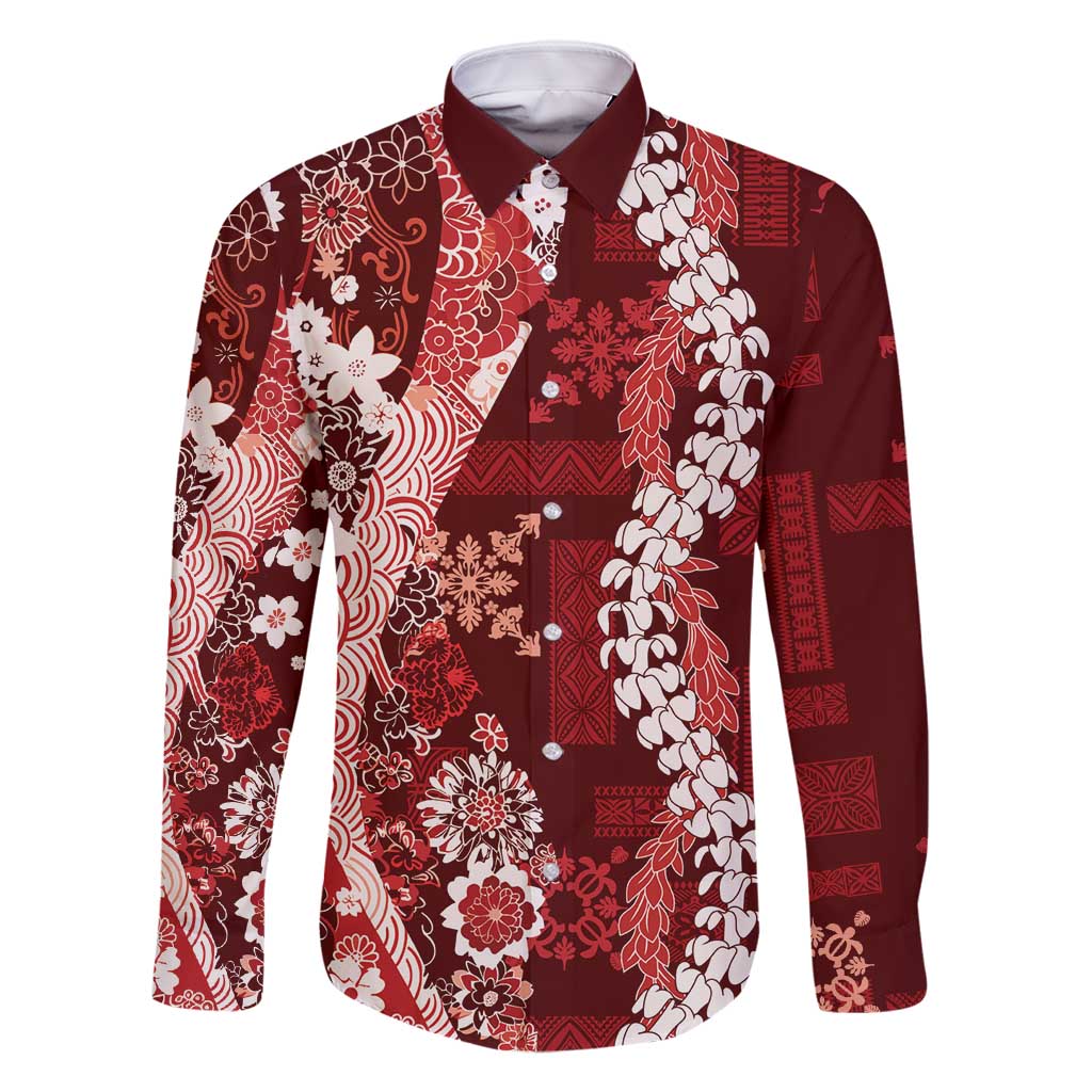 Hawaii Puakenikeni and Maile Lei Family Matching Long Sleeve Bodycon Dress and Hawaiian Shirt Red Japanese Wave Style LT9 Dad's Shirt - Long Sleeve Red - Polynesian Pride