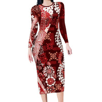 Hawaii Puakenikeni and Maile Lei Family Matching Long Sleeve Bodycon Dress and Hawaiian Shirt Red Japanese Wave Style LT9 Mom's Dress Red - Polynesian Pride