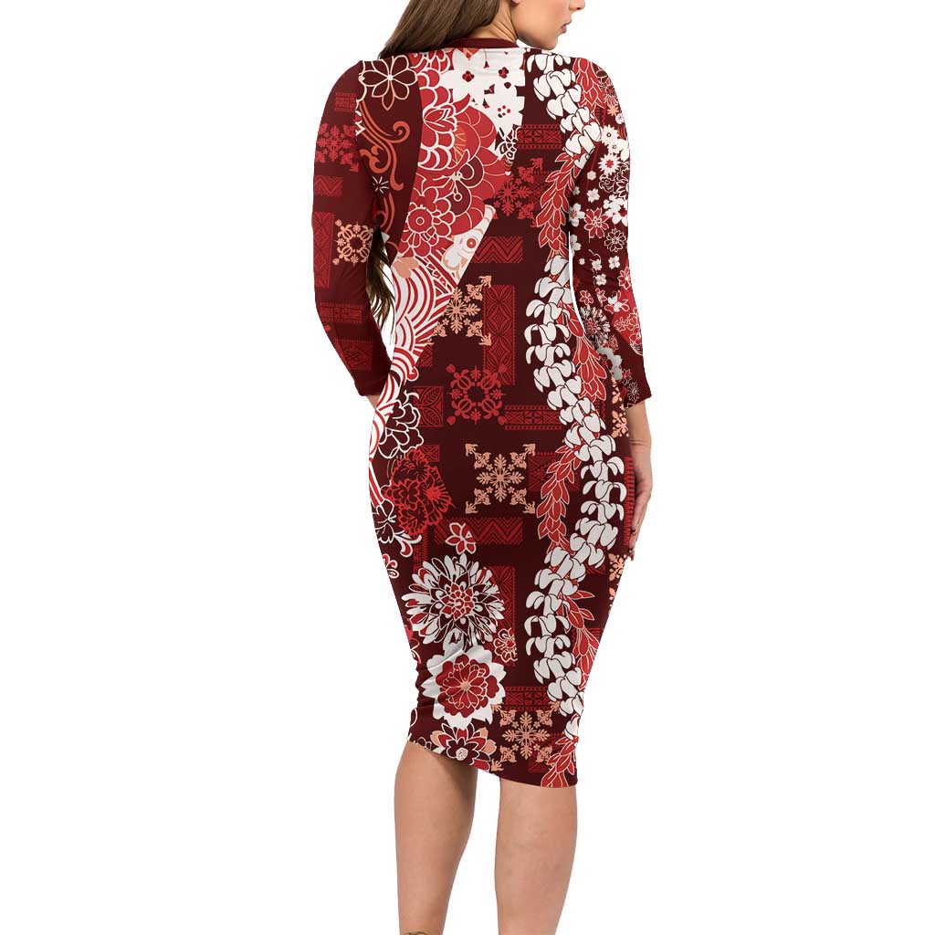 Hawaii Puakenikeni and Maile Lei Family Matching Long Sleeve Bodycon Dress and Hawaiian Shirt Red Japanese Wave Style LT9 - Polynesian Pride