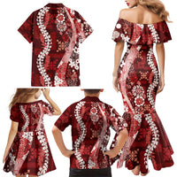 Hawaii Puakenikeni and Maile Lei Family Matching Mermaid Dress and Hawaiian Shirt Red Japanese Wave Style LT9 - Polynesian Pride