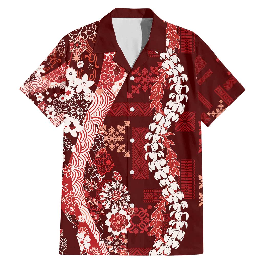 Hawaii Puakenikeni and Maile Lei Family Matching Mermaid Dress and Hawaiian Shirt Red Japanese Wave Style LT9 Dad's Shirt - Short Sleeve Red - Polynesian Pride