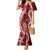 Hawaii Puakenikeni and Maile Lei Family Matching Mermaid Dress and Hawaiian Shirt Red Japanese Wave Style LT9 Mom's Dress Red - Polynesian Pride