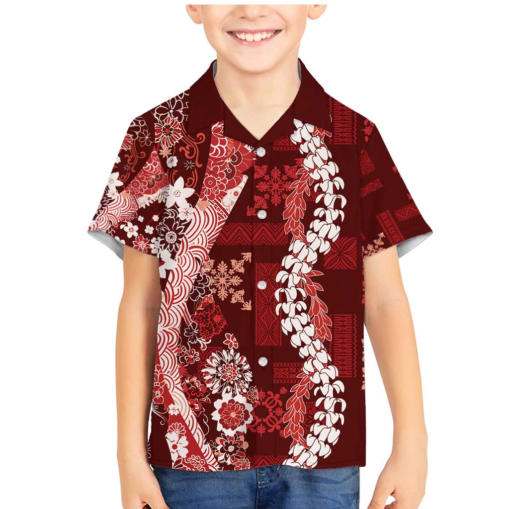 Hawaii Puakenikeni and Maile Lei Family Matching Mermaid Dress and Hawaiian Shirt Red Japanese Wave Style LT9 Son's Shirt Red - Polynesian Pride