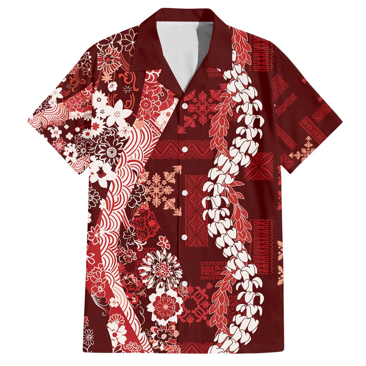 Hawaii Puakenikeni and Maile Lei Family Matching Off The Shoulder Long Sleeve Dress and Hawaiian Shirt Red Japanese Wave Style LT9 Dad's Shirt - Short Sleeve Red - Polynesian Pride