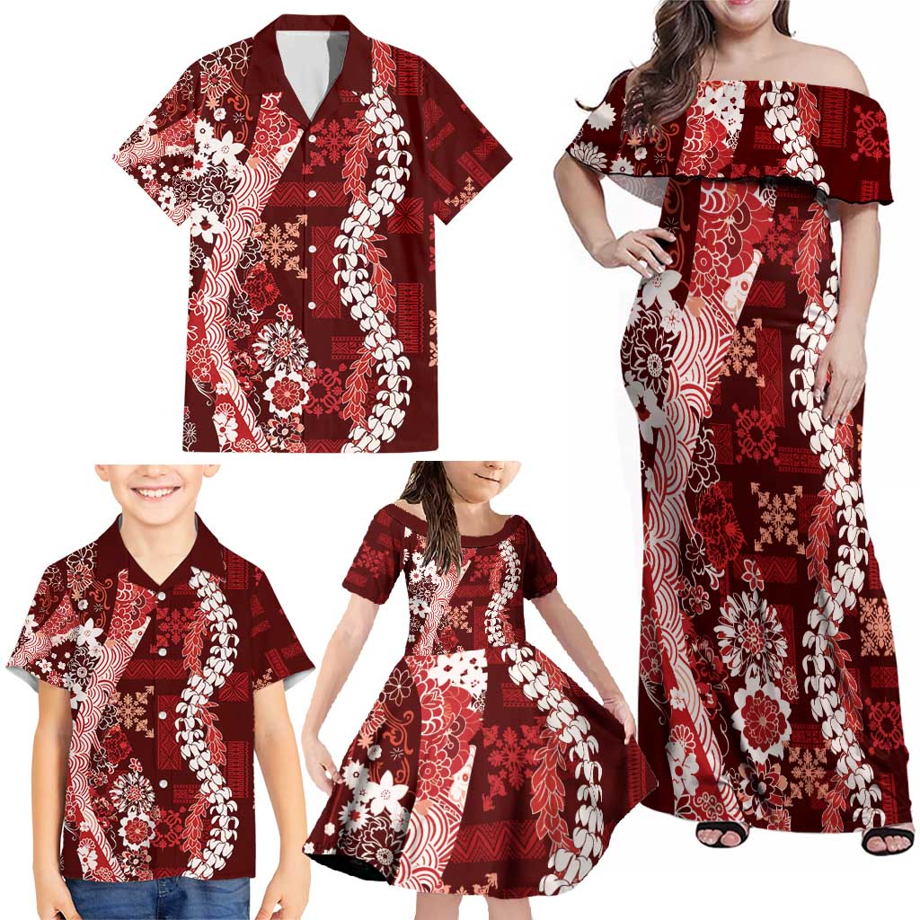 Hawaii Puakenikeni and Maile Lei Family Matching Off Shoulder Maxi Dress and Hawaiian Shirt Red Japanese Wave Style LT9 - Polynesian Pride