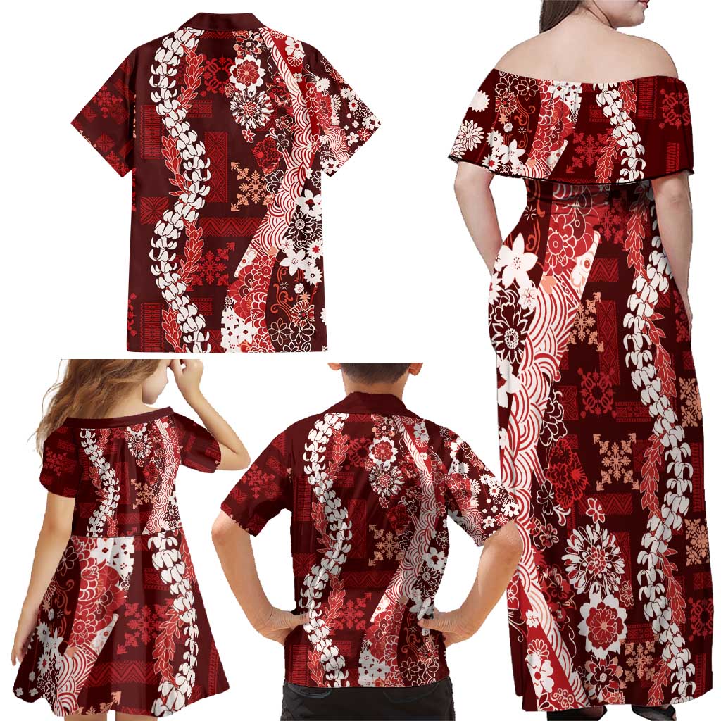 Hawaii Puakenikeni and Maile Lei Family Matching Off Shoulder Maxi Dress and Hawaiian Shirt Red Japanese Wave Style LT9 - Polynesian Pride