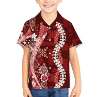 Hawaii Puakenikeni and Maile Lei Family Matching Off Shoulder Maxi Dress and Hawaiian Shirt Red Japanese Wave Style LT9 Son's Shirt Red - Polynesian Pride