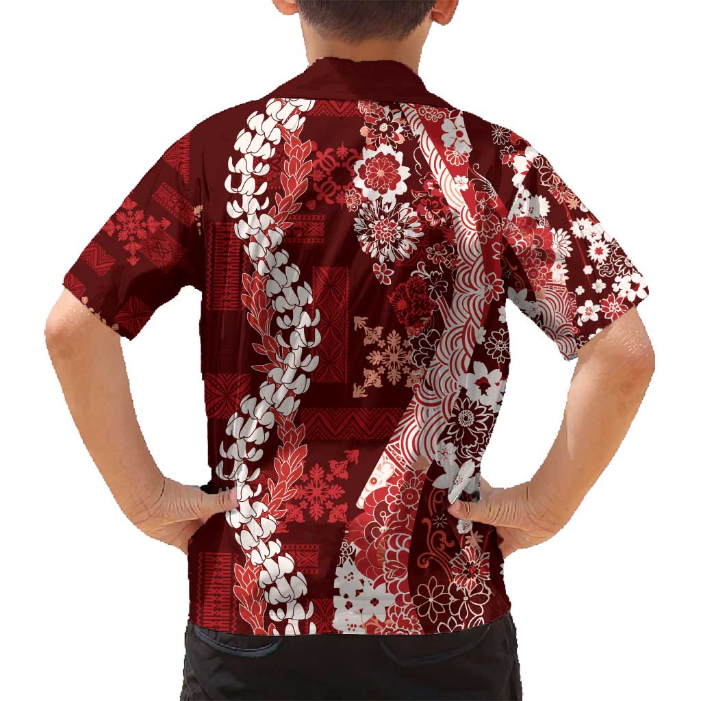 Hawaii Puakenikeni and Maile Lei Family Matching Off Shoulder Short Dress and Hawaiian Shirt Red Japanese Wave Style LT9 - Polynesian Pride