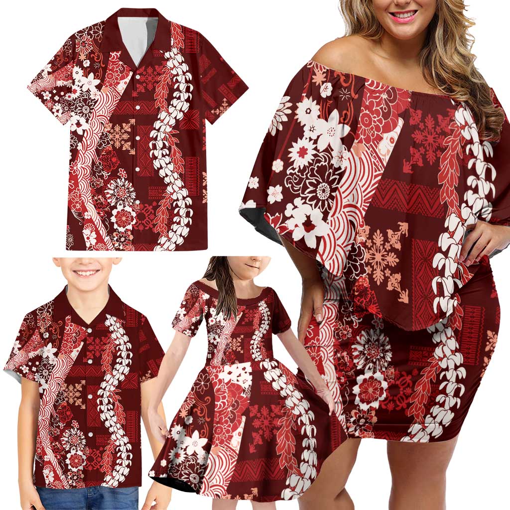Hawaii Puakenikeni and Maile Lei Family Matching Off Shoulder Short Dress and Hawaiian Shirt Red Japanese Wave Style LT9 - Polynesian Pride