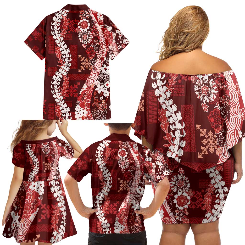 Hawaii Puakenikeni and Maile Lei Family Matching Off Shoulder Short Dress and Hawaiian Shirt Red Japanese Wave Style LT9 - Polynesian Pride
