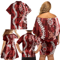 Hawaii Puakenikeni and Maile Lei Family Matching Off Shoulder Short Dress and Hawaiian Shirt Red Japanese Wave Style LT9 - Polynesian Pride