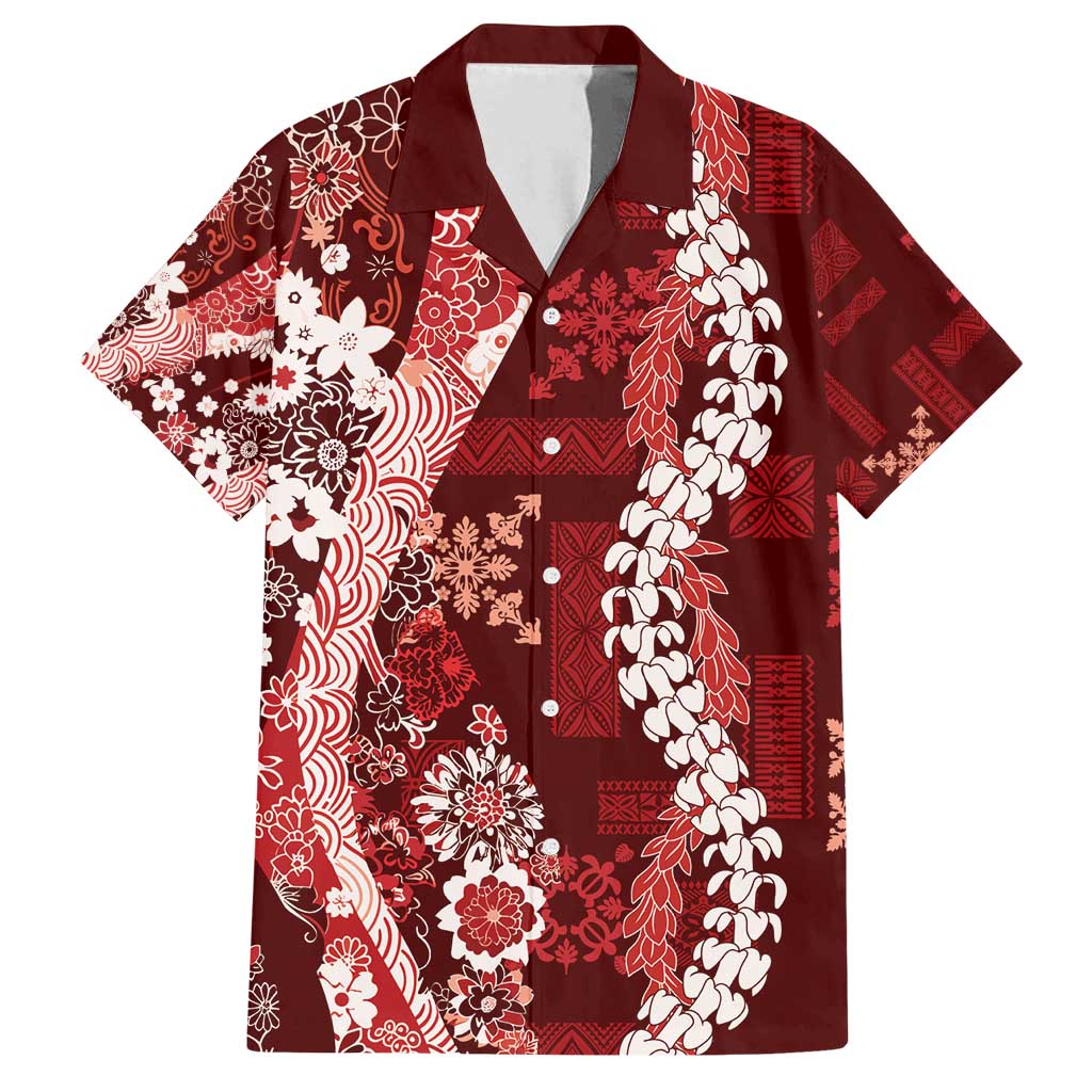 Hawaii Puakenikeni and Maile Lei Family Matching Off Shoulder Short Dress and Hawaiian Shirt Red Japanese Wave Style LT9 Dad's Shirt - Short Sleeve Red - Polynesian Pride