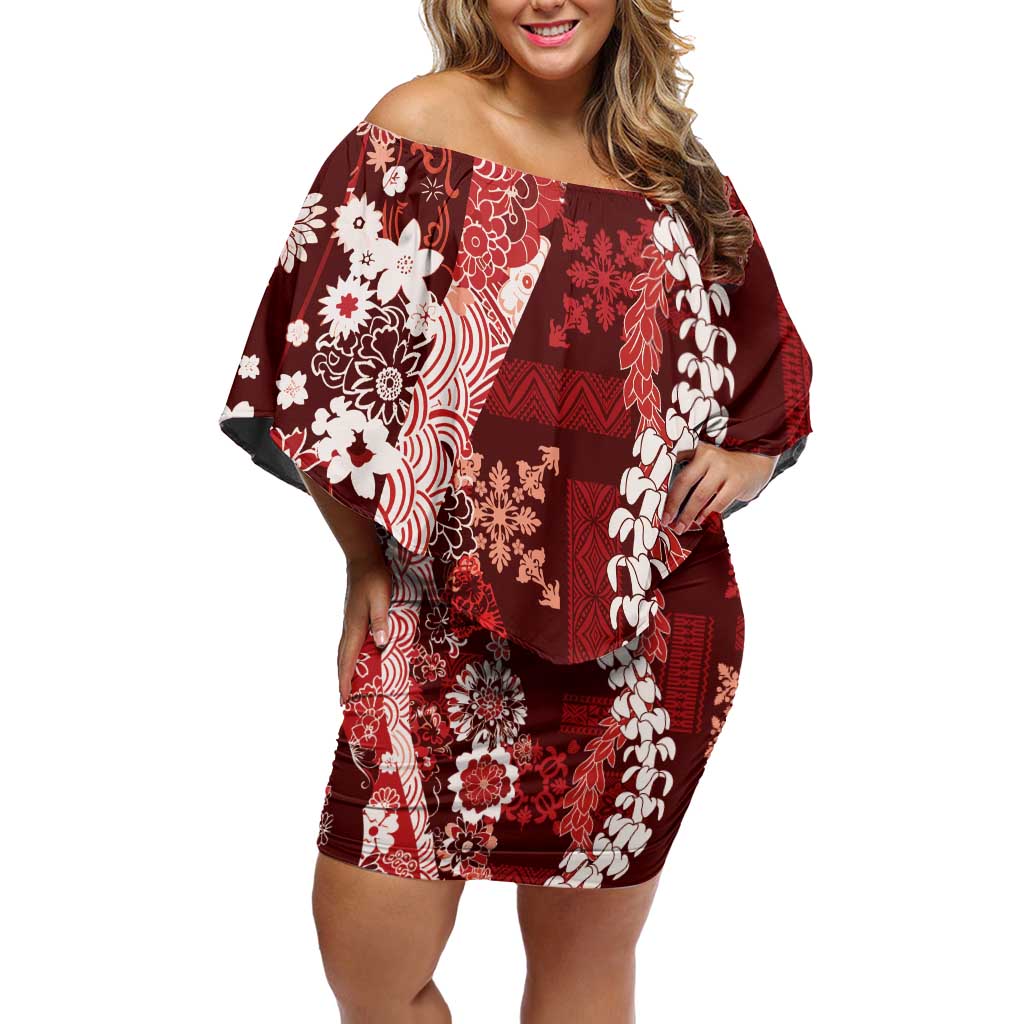 Hawaii Puakenikeni and Maile Lei Family Matching Off Shoulder Short Dress and Hawaiian Shirt Red Japanese Wave Style LT9 Mom's Dress Red - Polynesian Pride