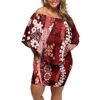 Hawaii Puakenikeni and Maile Lei Family Matching Off Shoulder Short Dress and Hawaiian Shirt Red Japanese Wave Style LT9 Mom's Dress Red - Polynesian Pride